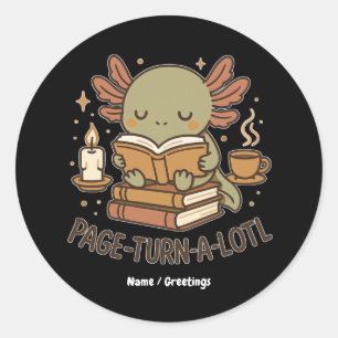 Sticker Rond Tourne-page-à-gogo Mignon Axolotl de lecture confo