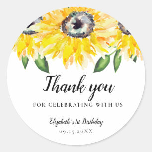 Sticker Rond Tournesol Anniversaire Première aquarelle Floral