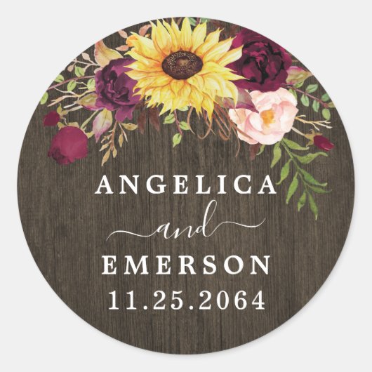 Sticker Rond Tournesol Bourgogne Roses Rouges Russe Mariage en (Devant)