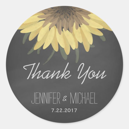 Sticker Rond Tournesol Chalkboard Russe Mariage Merci (Devant)