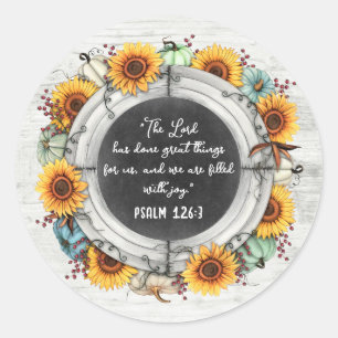 Sticker Rond Tournesol Citrouille Rustique Verset Biblique de T