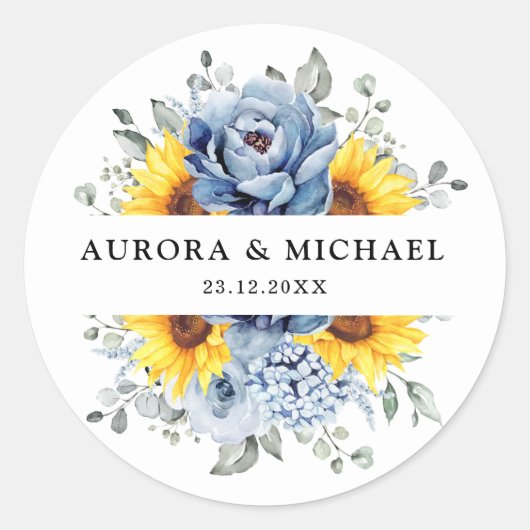Sticker Rond Tournesol Dusty Blue Slate Peony Mariage floral (Devant)