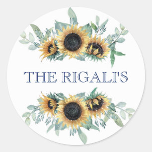 Sticker Rond Tournesol et Mariage floral bleu marine
