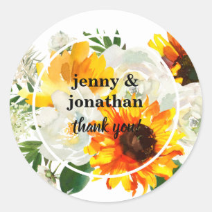 Sticker Rond Tournesol et rose blanche Merci Burlap - Blanc