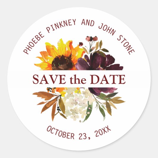 Sticker Rond Tournesol et Rose Enregistrer la date Enveloppe Sc (Devant)