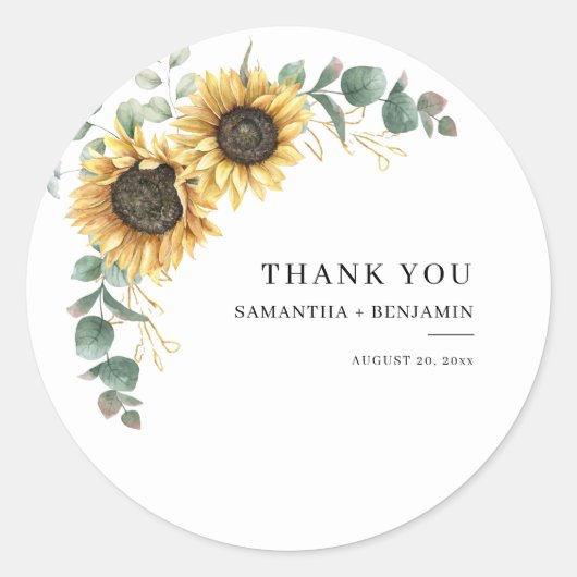 Sticker Rond Tournesol Eucalyptus Floral Mariage Merci (Devant)