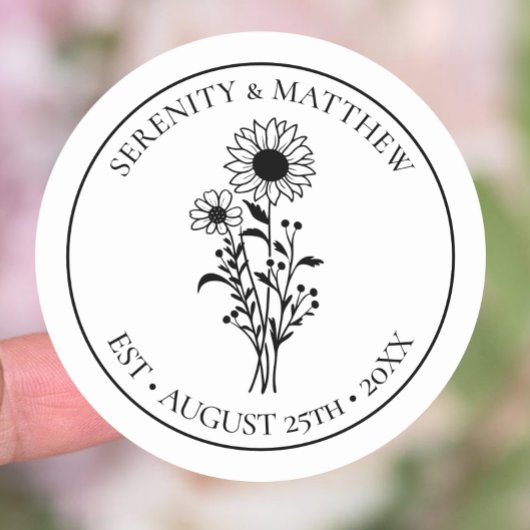 Sticker Rond Tournesol Floral Blanc Noir Juste Marié Mariage