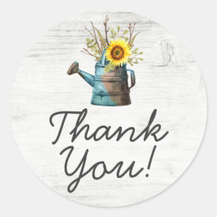 Sticker Rond Tournesol Floral & Bois Rustique Vintage Merci