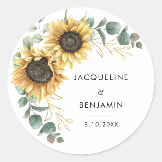 Sticker Rond Tournesol floral Vert Eucalyptus Mariage (Devant)