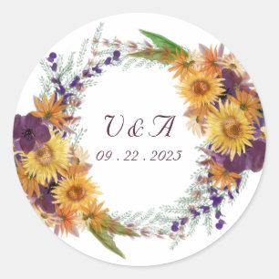 Sticker Rond Tournesol jaune floral rose, couronne de fleurs vi