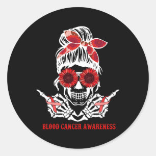 Sticker Rond Tournesol Messy Bun Crâne Rouge Ruban Cancer du sa