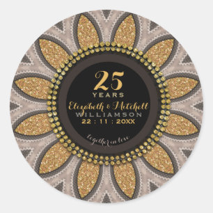 Sticker Rond Tournesol Moderne Paillettes Or 25ème Anniversaire