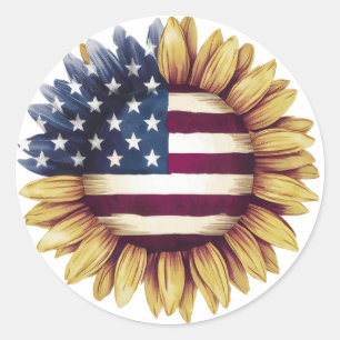 Sticker Rond Tournesol Patriotique Drapeau Américain Rustique
