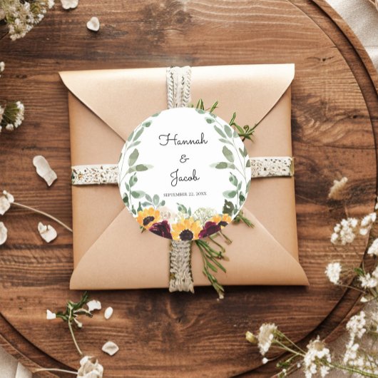 Sticker Rond Tournesol rustique et Mariage Rose