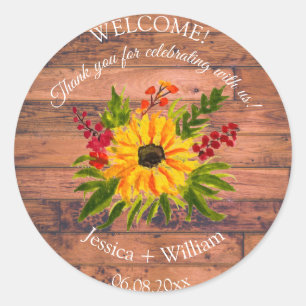 Sticker Rond Tournesol Rustique Floral Aquarelle Mariage bois