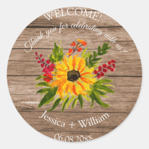 Sticker Rond Tournesol Rustique Floral Aquarelle Mariage bois