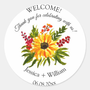 Sticker Rond Tournesol Rustique Mariage d'aquarelle florale