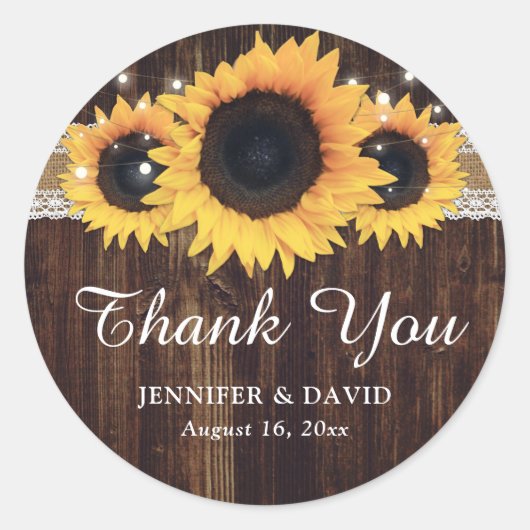 Sticker Rond Tournesol Rustique Merci Mariage Burlap (Devant)