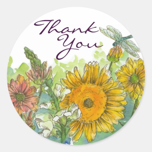 Sticker Rond Tournesol Snapdragon Fleurs Merci de libellules (Devant)