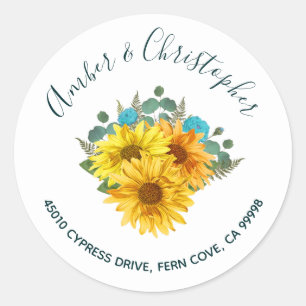 Sticker Rond Tournesol Turquoise Rose Mariage Adresse Enveloppe
