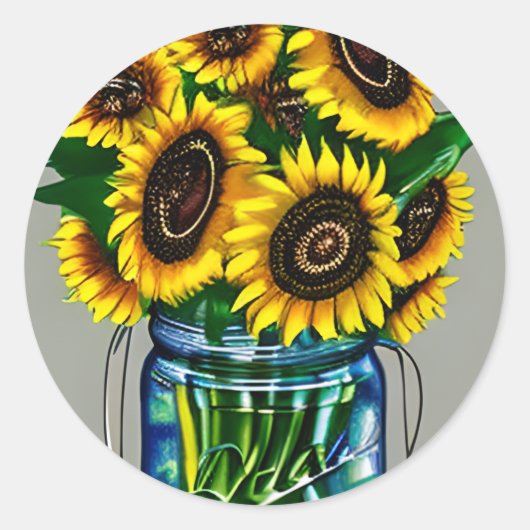 Sticker Rond Tournesols d'art en pot de verre (Devant)