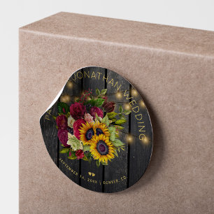 Sticker Rond Tournesols et rose bordeaux mariage en bois rustiq
