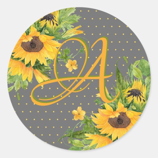 Sticker Rond Tournesols monogrammes Décor gris jaune (Devant)