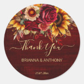 Sticker Rond tournesols rose mariage de automne bordeaux merci (Devant)