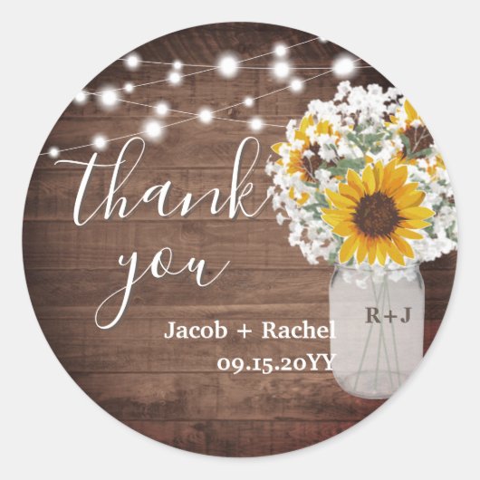 Sticker Rond Tournesols rustiques Mason Jar Mariage Merci (Devant)