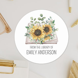 Sticker Rond Tournesols sur Livre de la bibliothèque d'ex-libri