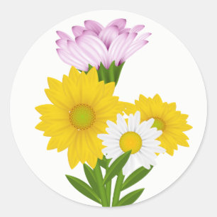 Sticker Rond Tournsole jaune floral et fleurs de marguerites bl