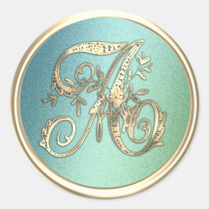Sticker Rond Tous les initiales or Monogramme bleu vert