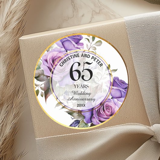 Sticker Rond Tout mariage cadre or roses violettes Anniversaire