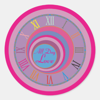 Sticker Rond Toute la journée Love Horloge Art rose violet bleu