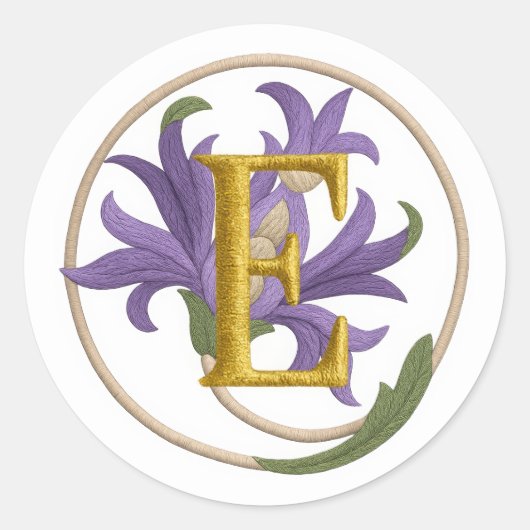 Sticker Rond TOUTES LES INITIALES Broderie Look Floral violet (Devant)