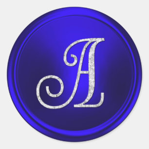 Sticker Rond TOUTES LES INITIALES Monogramme argenté 3 Bleu roy