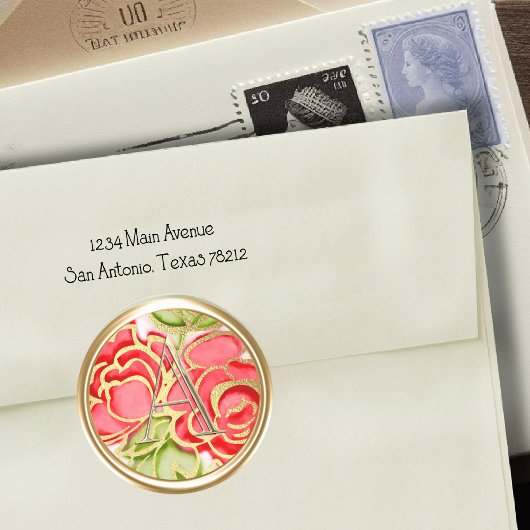 Sticker Rond TOUTES LES INITIALES Monogramme Or Roses rouges