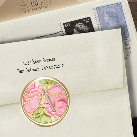 Sticker Rond TOUTES LES INITIALES Or Monogramme Roses Rose