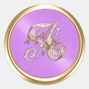 Sticker Rond Toutes Lettres Lavande Or Monogramme Orné