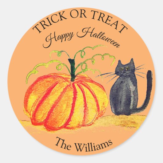Sticker Rond Trace ou traitement Halloween Citrouille Chat Cute (Devant)