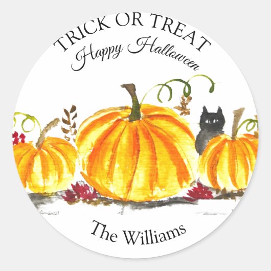 Sticker Rond Trace ou traitement Halloween Citrouille Chat Cute (Devant)