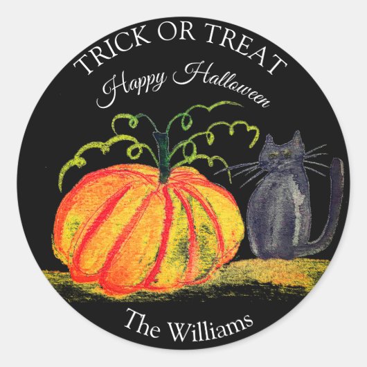 Sticker Rond Trace ou traitement Halloween Citrouille Chat Cute (Devant)