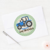 Sticker Rond Tracteur agricole bleu mignon ; Anniversaire vert (Enveloppe)
