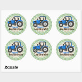 Sticker Rond Tracteur agricole bleu mignon ; Anniversaire vert (Feuille)