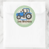 Sticker Rond Tracteur agricole bleu mignon ; Anniversaire vert (Sac)