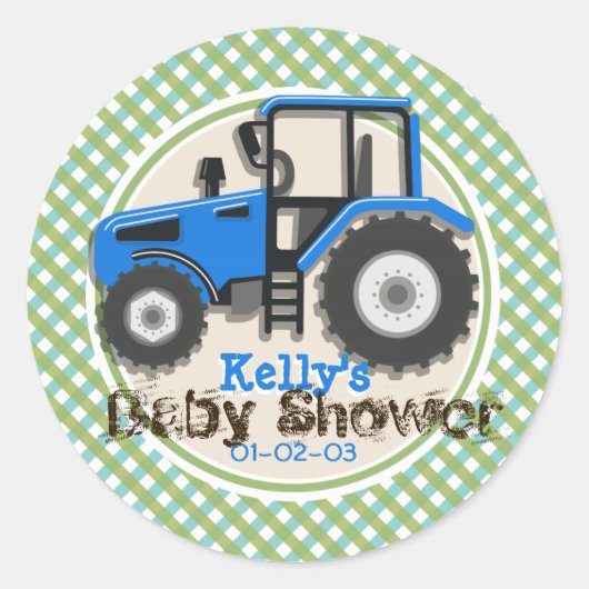 Sticker Rond Tracteur agricole bleu mignon; Baby shower vert (Devant)