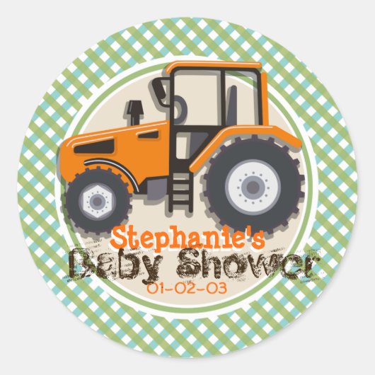 Sticker Rond Tracteur agricole orange mignon; Baby shower vert (Devant)