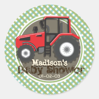 Sticker Rond Tracteur agricole rouge mignon; Baby shower vert