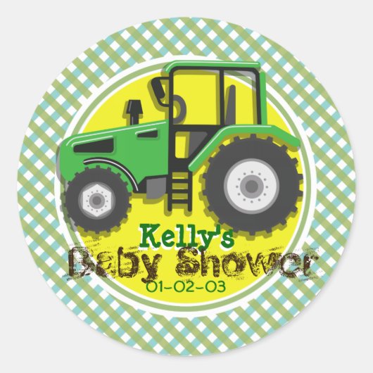 Sticker Rond Tracteur vert et jaune mignon; Baby shower plaqué (Devant)