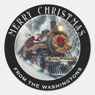 Sticker Rond Train à vapeur noir décoré pour Noël, Père Noël